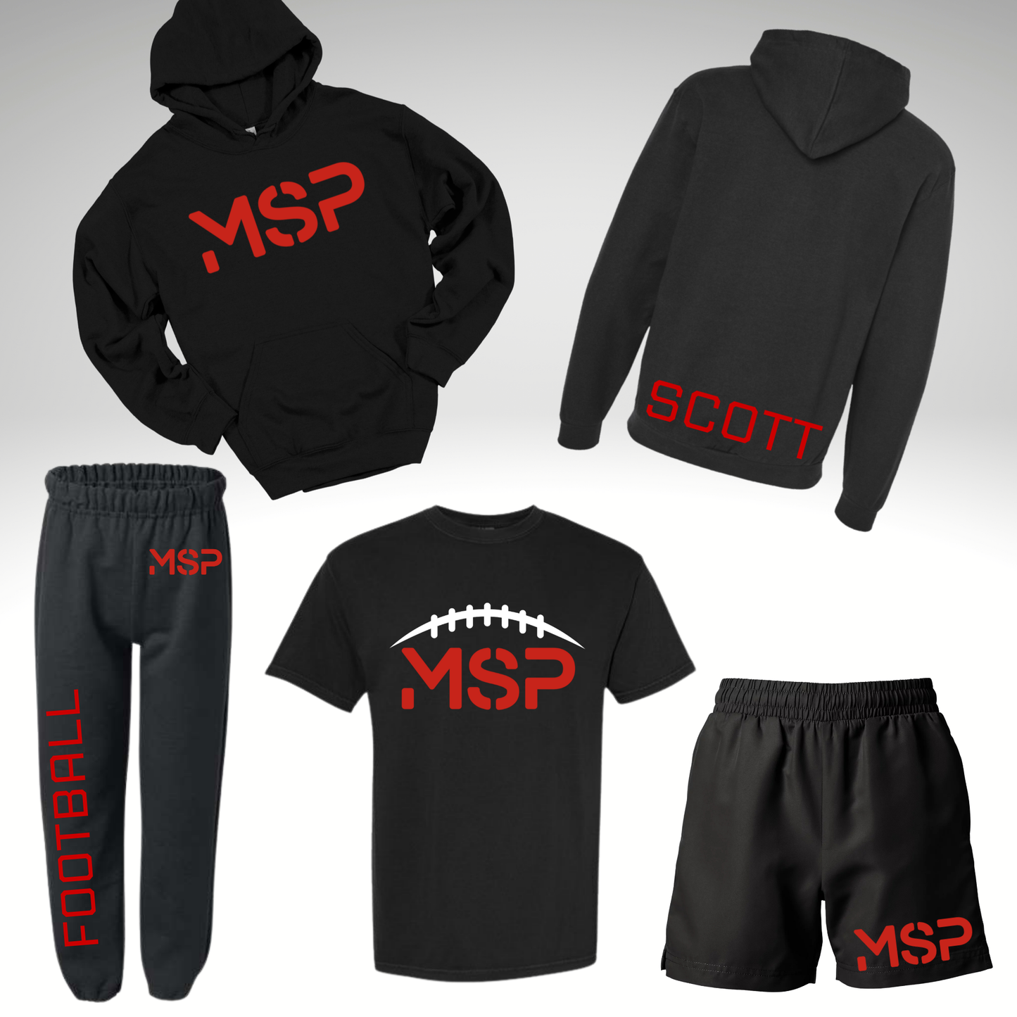 MSP - BIG FOOTBALL BUNDLE #2 - Customized Pullover Hoodie, Sweats, T-shirt & Shorts Set