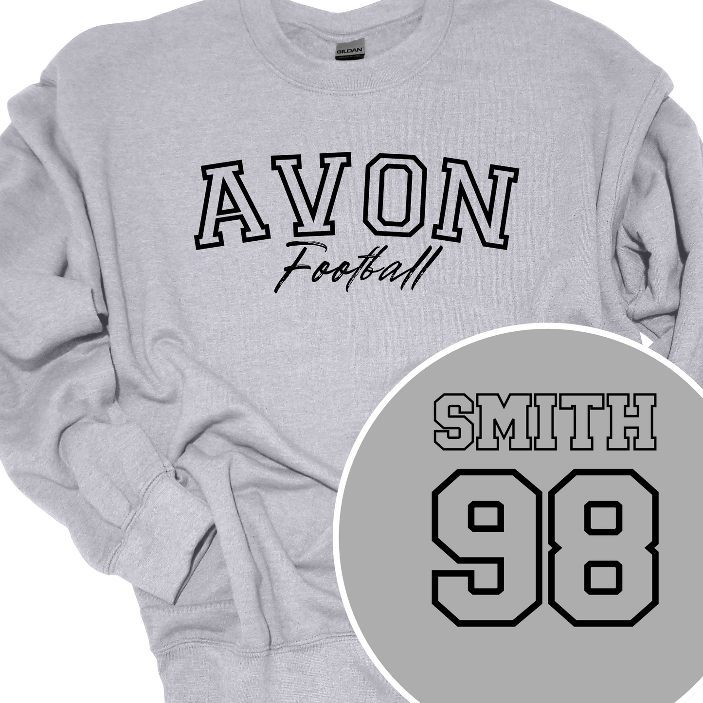 AVON FOOTBALL (CUSTOM BACK NAME AND NUMBER) OUTLINE CREWNECK