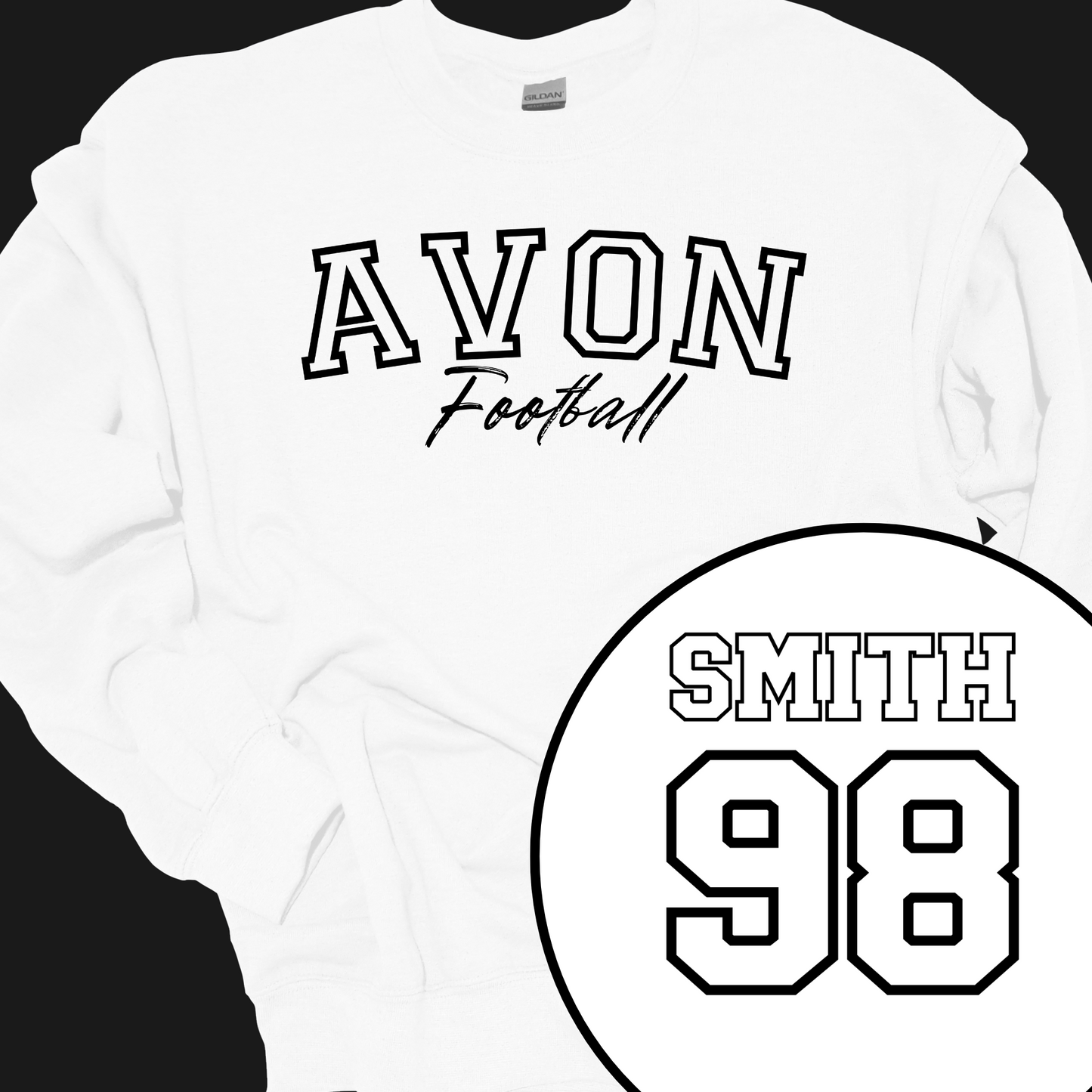 AVON FOOTBALL (CUSTOM BACK NAME AND NUMBER) OUTLINE CREWNECK