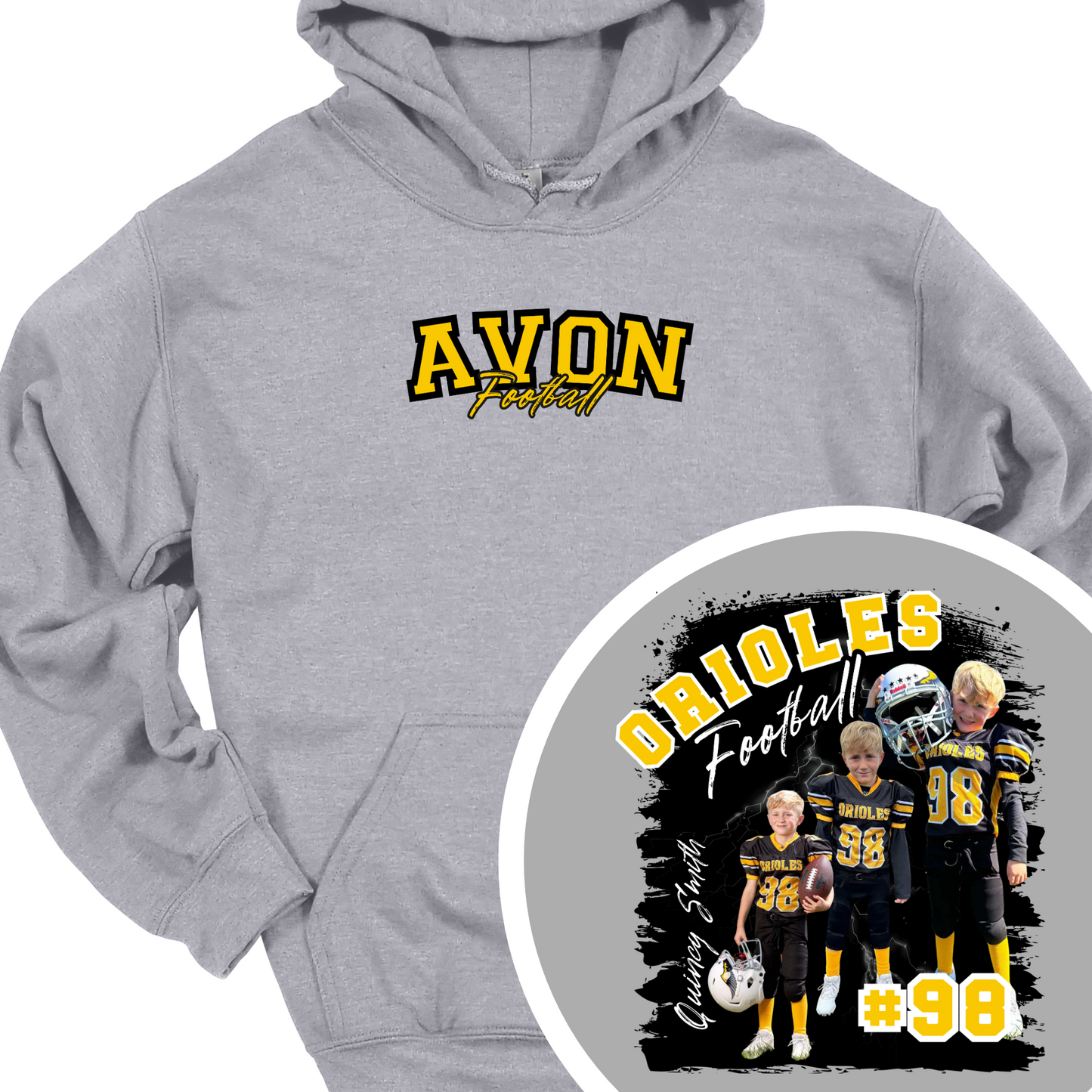 AVON FOOTBALL (CUSTOM WITH NAME, NUMBER AND PICTURES) HOODIE