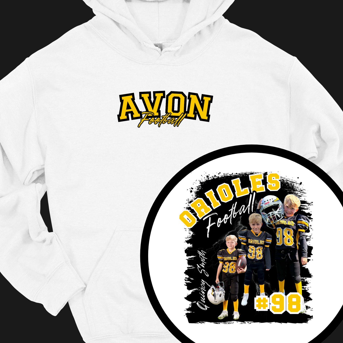 AVON FOOTBALL (CUSTOM WITH NAME, NUMBER AND PICTURES) HOODIE