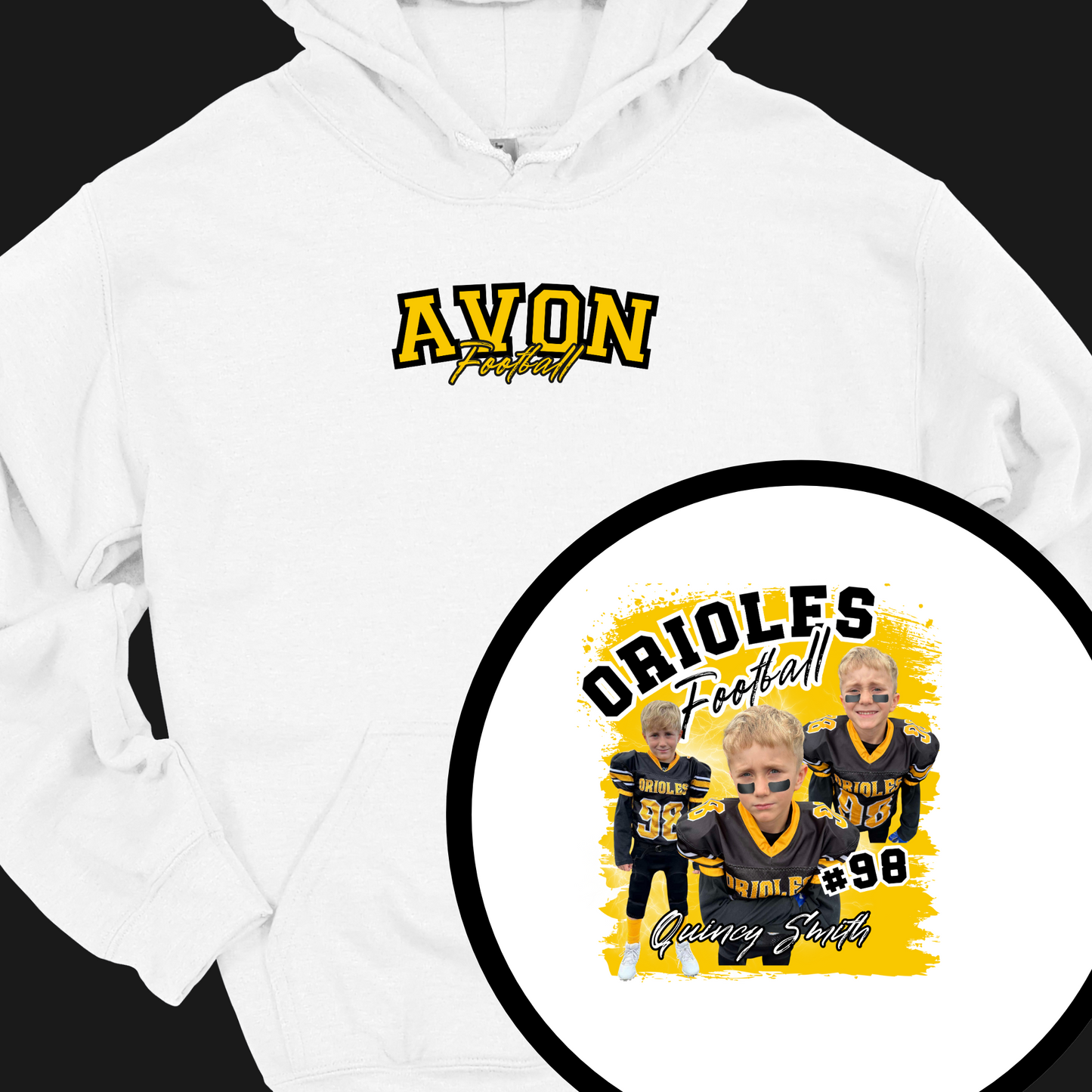 AVON FOOTBALL (CUSTOM WITH NAME, NUMBER AND PICTURES) HOODIE