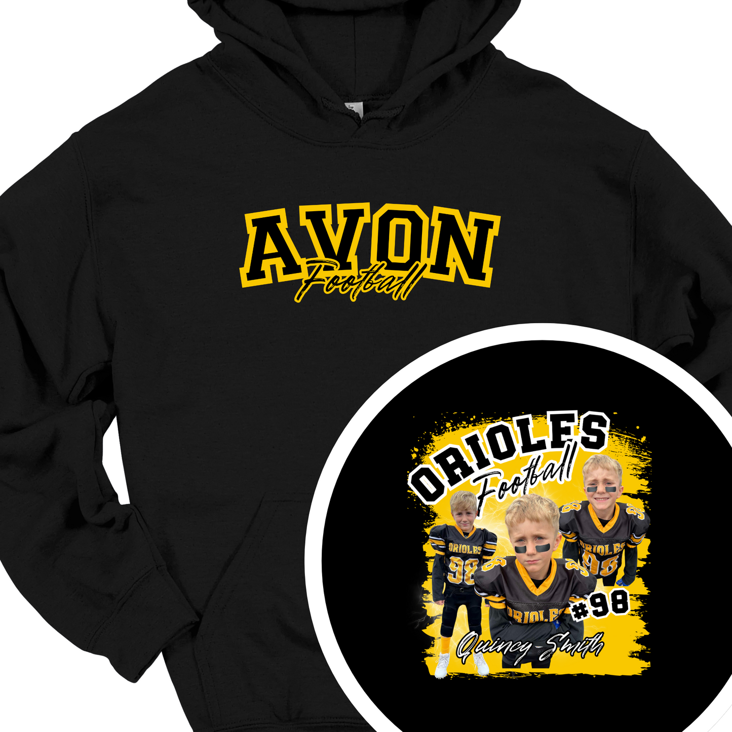 AVON FOOTBALL (CUSTOM WITH NAME, NUMBER AND PICTURES) HOODIE