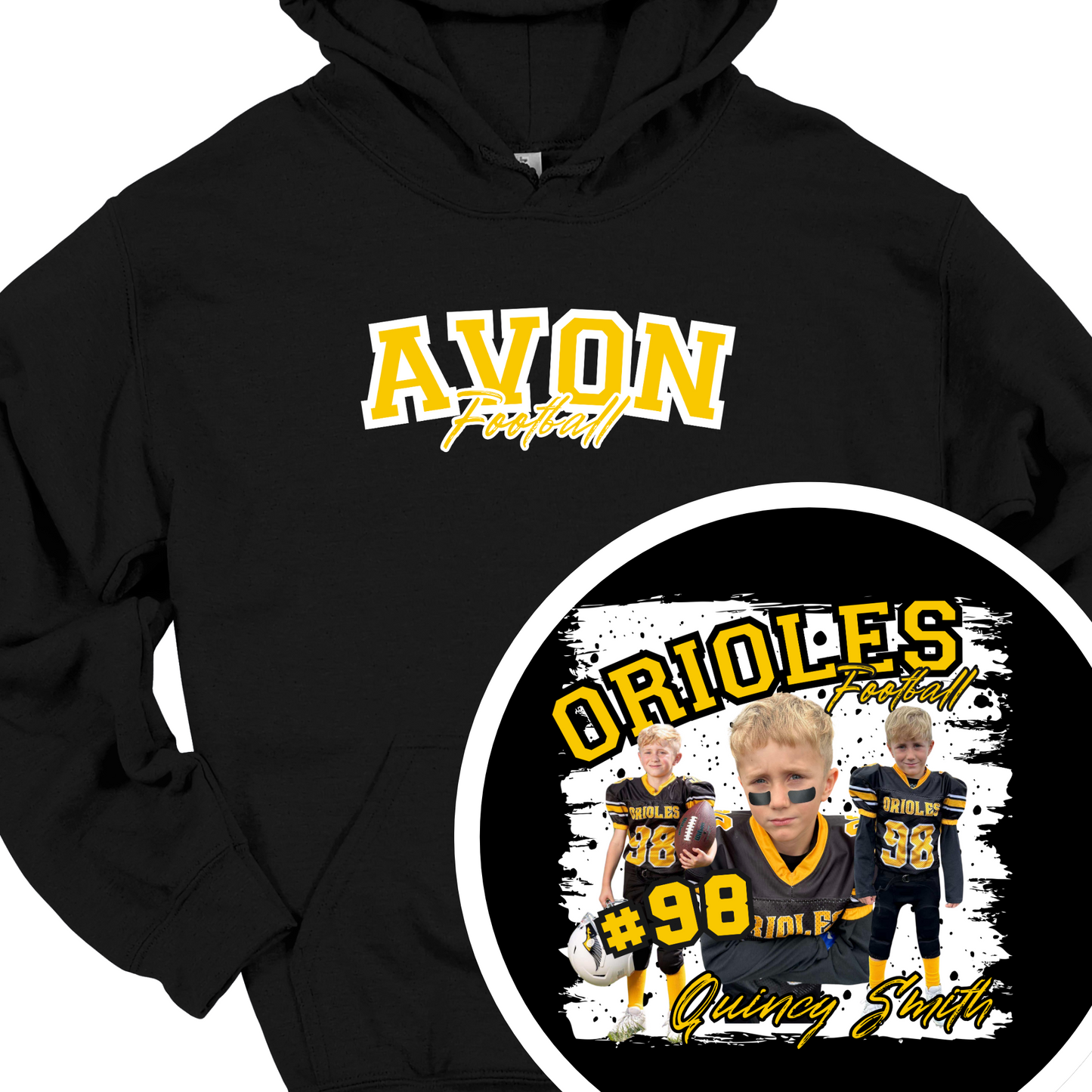 AVON FOOTBALL (CUSTOM WITH NAME, NUMBER AND PICTURES) HOODIE