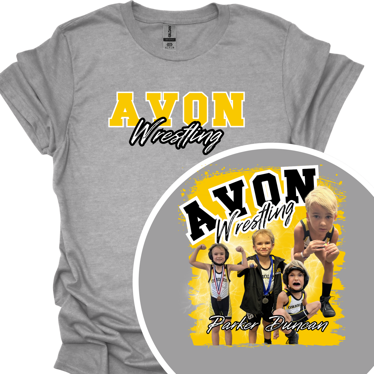AVON WRESTLING (CUSTOM WITH NAME,AND UP TO 4 PICTURES) TSHIRT