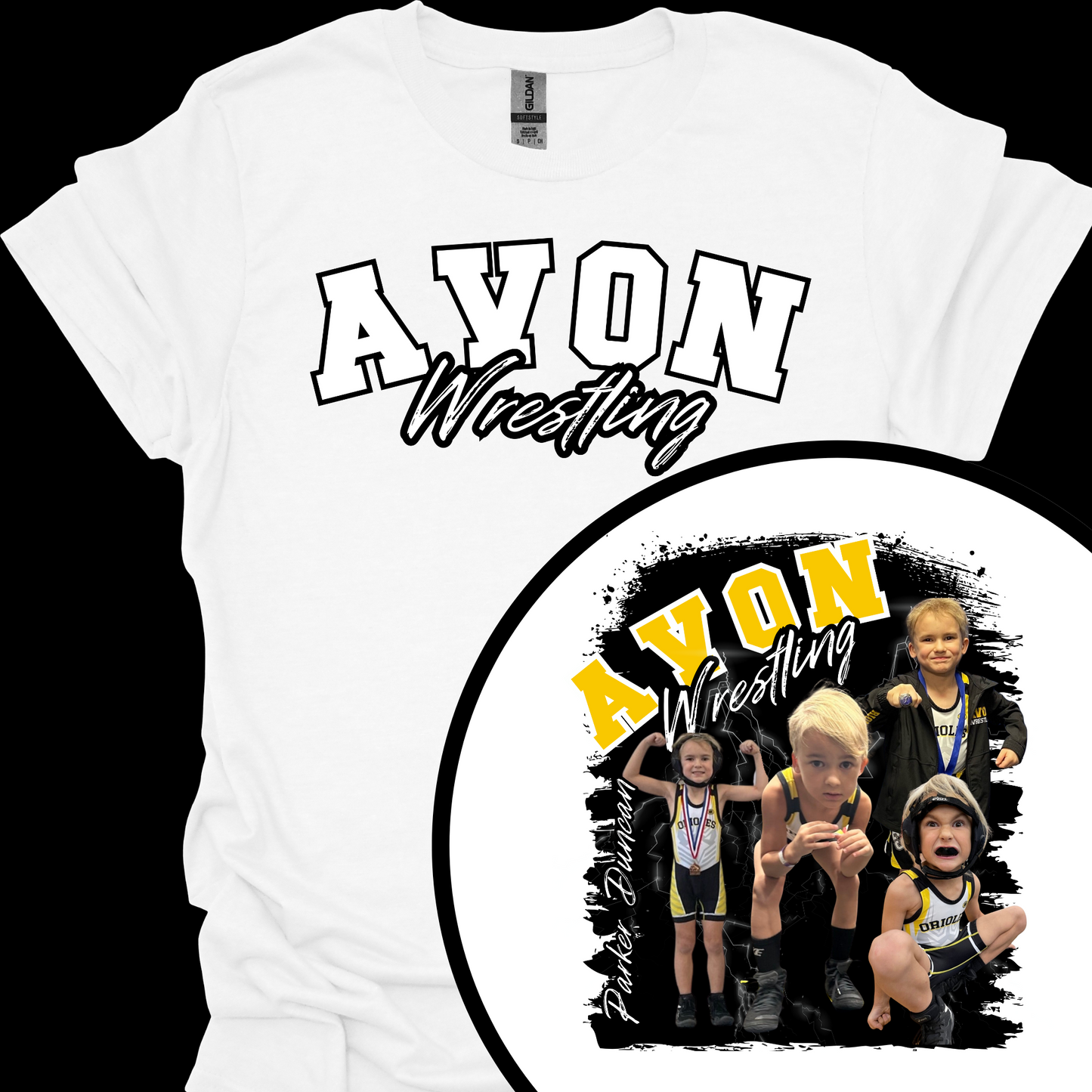 AVON WRESTLING (CUSTOM WITH NAME,AND UP TO 4 PICTURES) TSHIRT