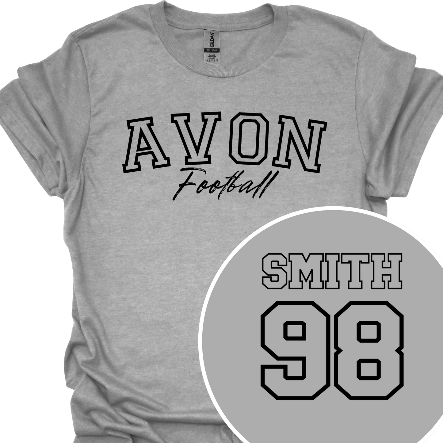 AVON FOOTBALL (CUSTOM BACK NAME AND NUMBER) OUTLINE TSHIRT