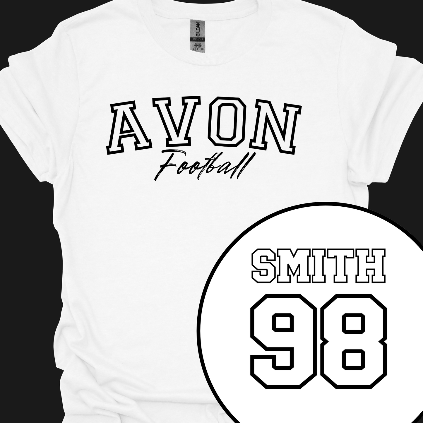 AVON FOOTBALL (CUSTOM BACK NAME AND NUMBER) OUTLINE TSHIRT