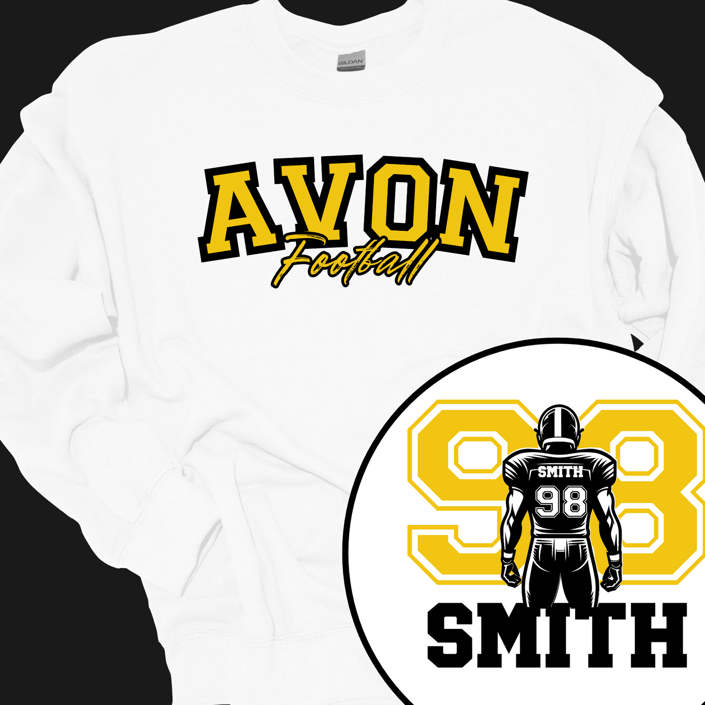 AVON FOOTBALL PLAYER (CUSTOM BACK NAME AND NUMBER) CREWNECK