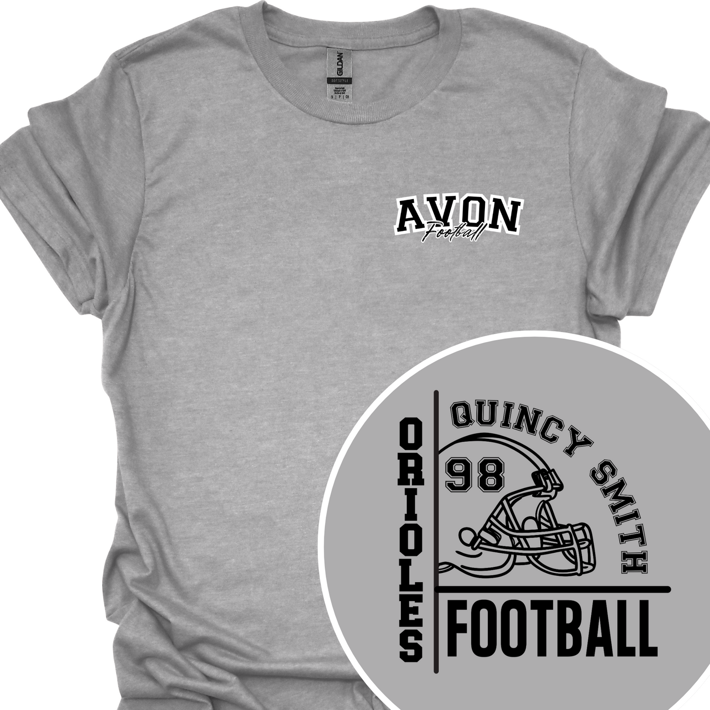 AVON ORIOLES FOOTBALL (CUSTOM FULL NAME AND NUMBER) TSHIRT