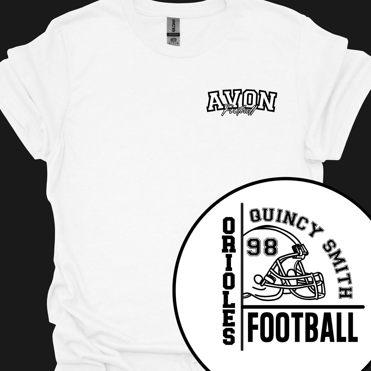 AVON ORIOLES FOOTBALL (CUSTOM FULL NAME AND NUMBER) TSHIRT