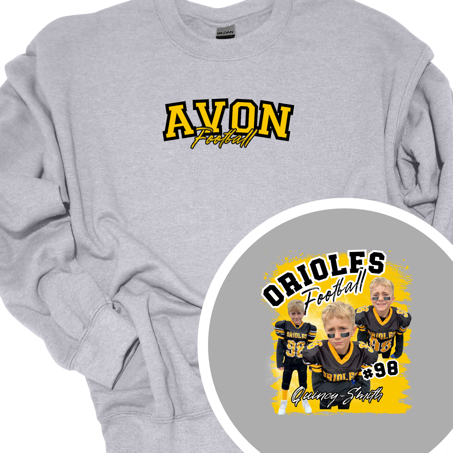 AVON FOOTBALL (CUSTOM WITH NAME, NUMBER AND PICTURES) CREWNECK