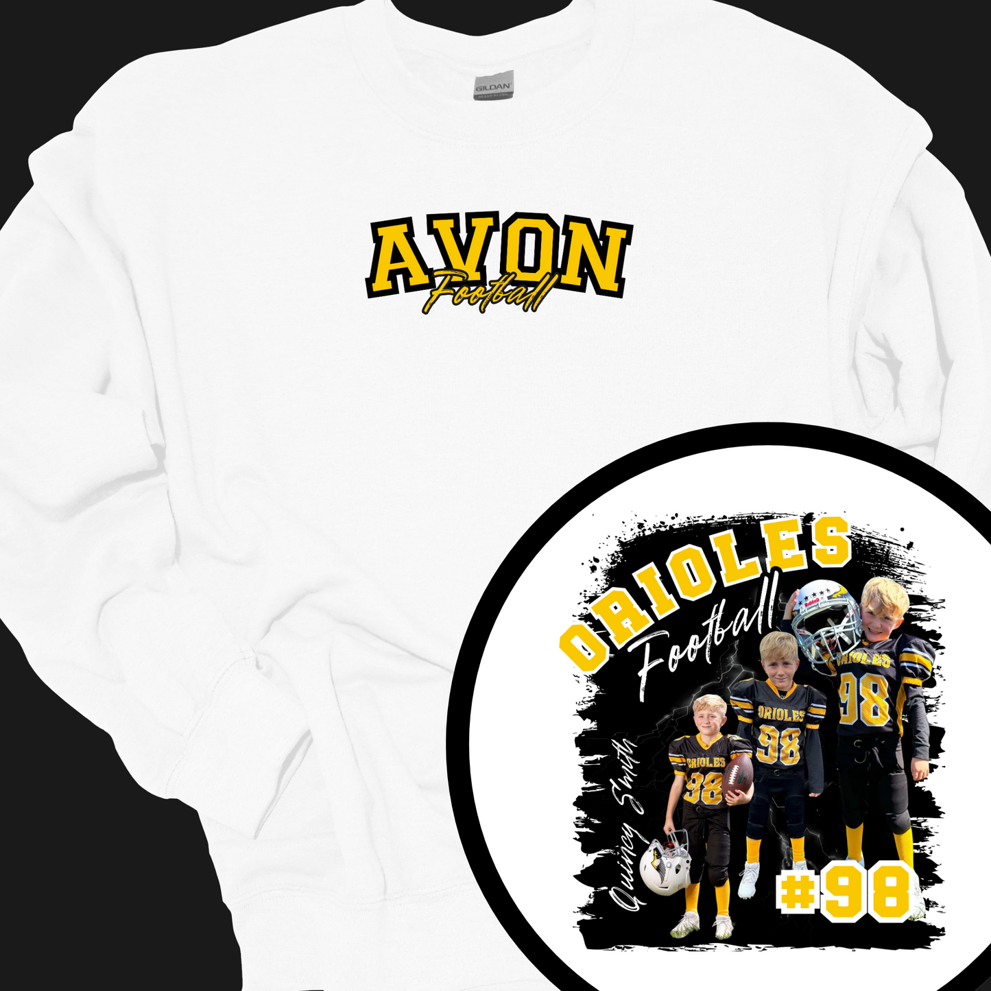 AVON FOOTBALL (CUSTOM WITH NAME, NUMBER AND PICTURES) CREWNECK