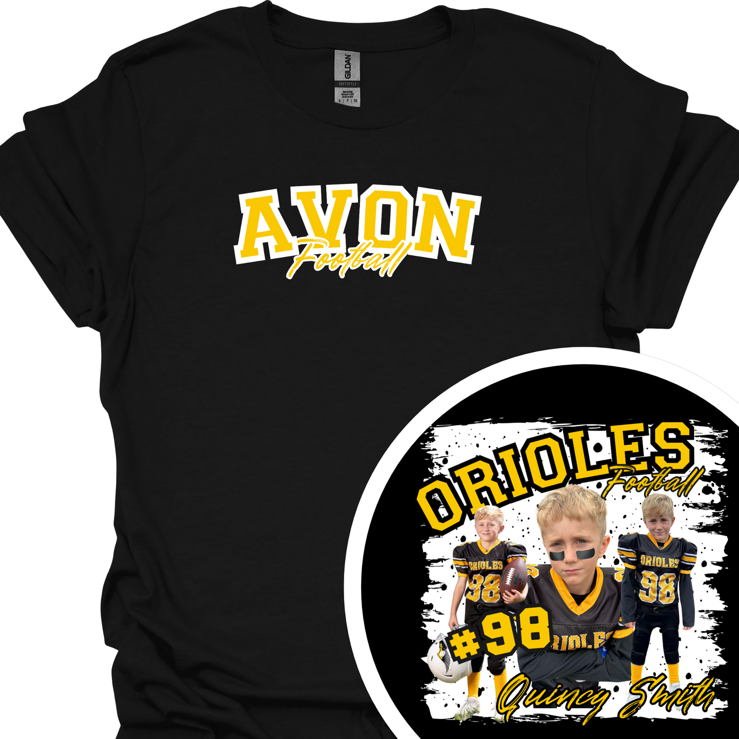 AVON FOOTBALL (CUSTOM WITH NAME, NUMBER AND PICTURES) TSHIRT