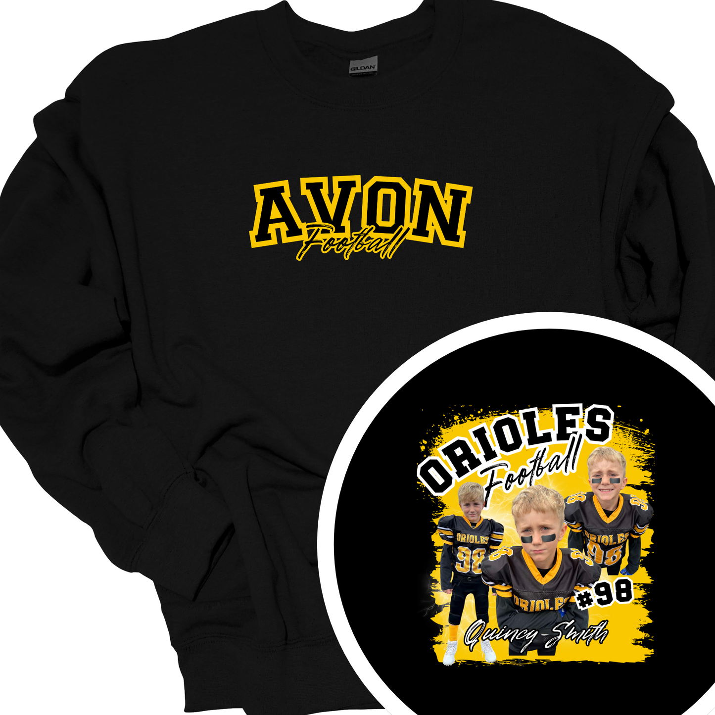 AVON FOOTBALL (CUSTOM WITH NAME, NUMBER AND PICTURES) CREWNECK