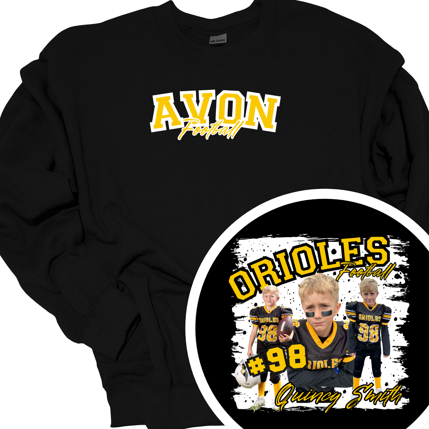 AVON FOOTBALL (CUSTOM WITH NAME, NUMBER AND PICTURES) CREWNECK