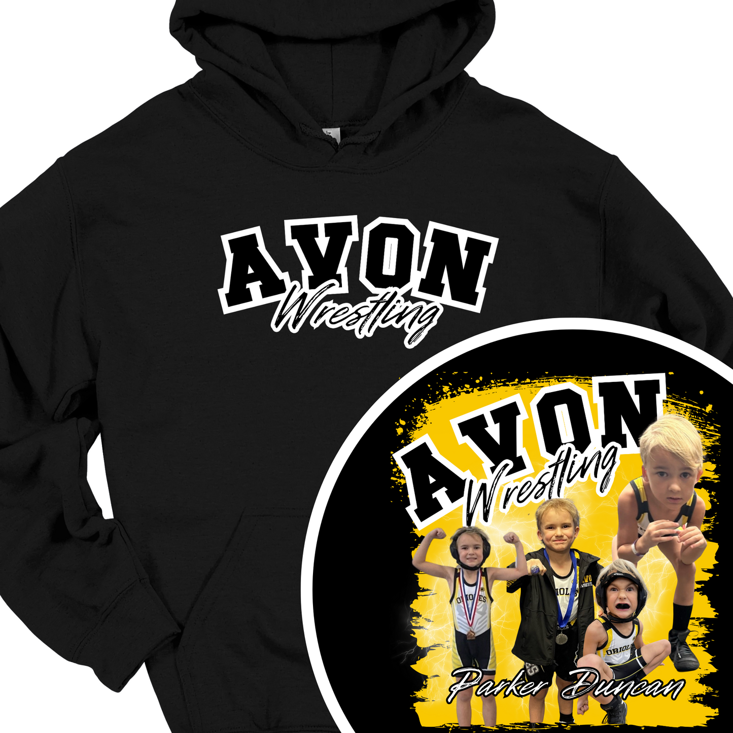 AVON WRESTLING (CUSTOM WITH NAME, AND UP TO 4 PICTURES) HOODIE