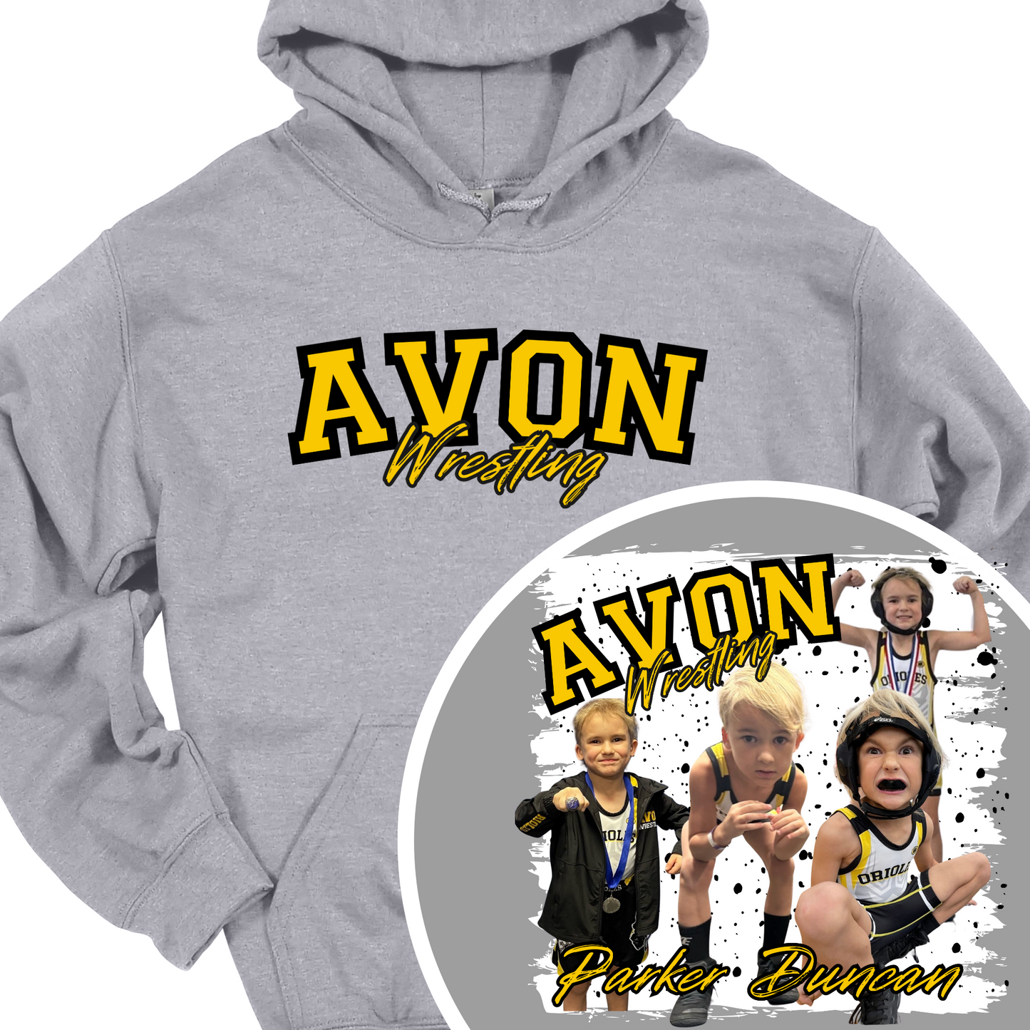 AVON WRESTLING (CUSTOM WITH NAME, AND UP TO 4 PICTURES) HOODIE