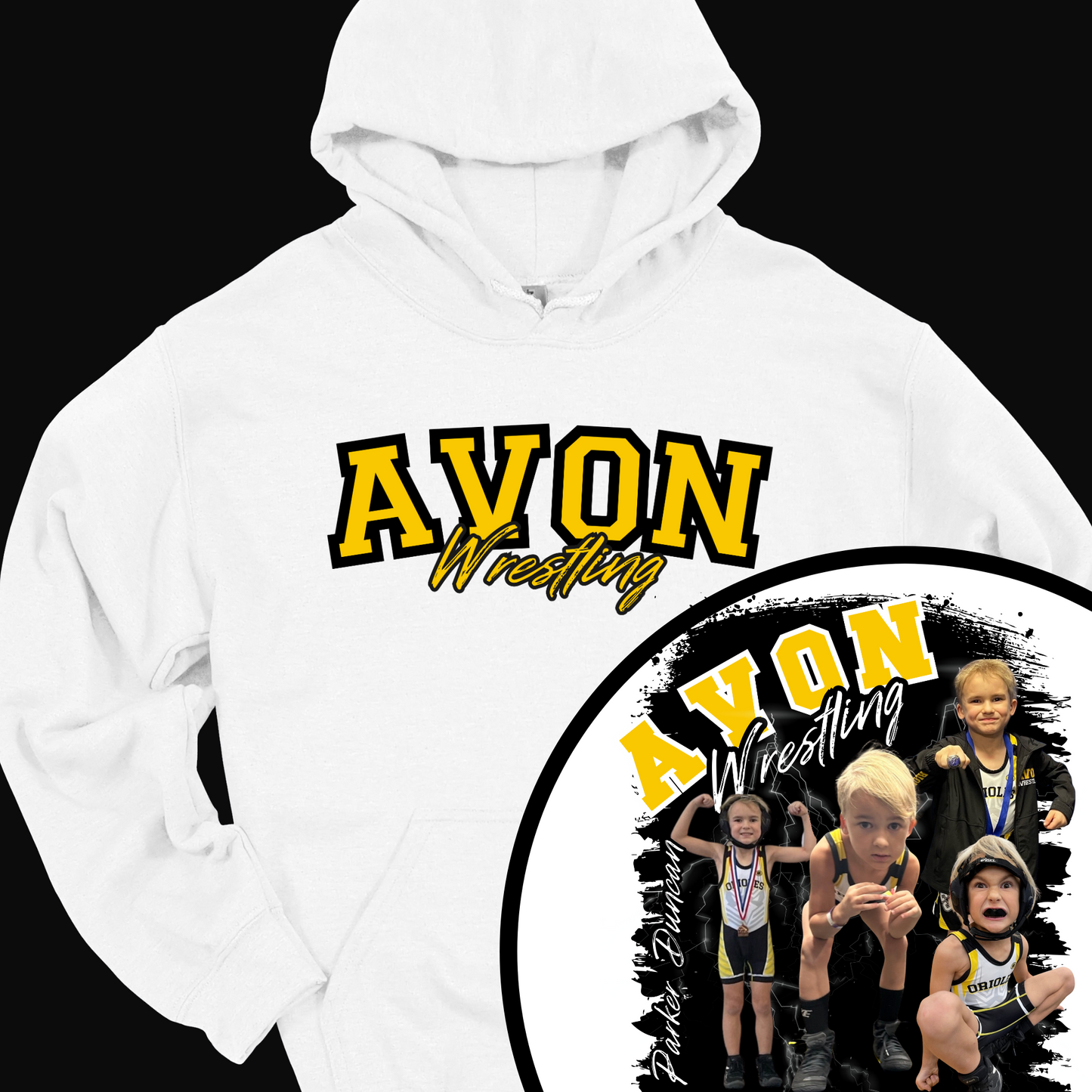 AVON WRESTLING (CUSTOM WITH NAME, AND UP TO 4 PICTURES) HOODIE